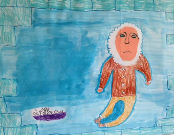 dessin d'enfant représentant le conte Kagsaksuk et l'homme lune. Organisé par la galerie inuit nunamit